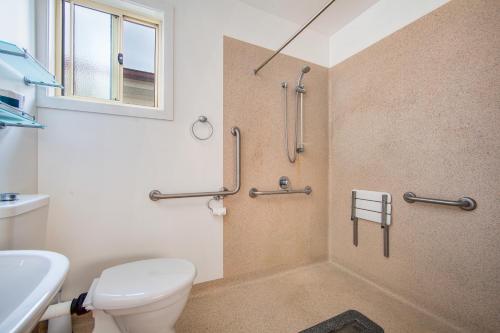 a bathroom with a shower with a toilet and a sink at Wintersun Gardens Motel in Bicheno
