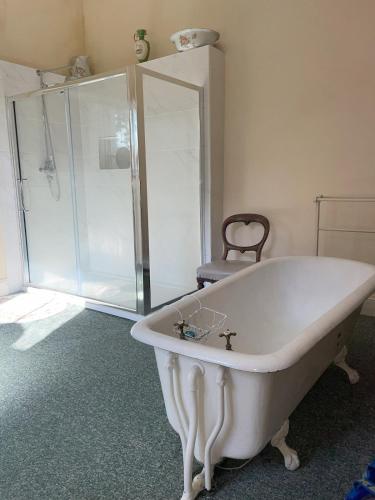 a white bath tub in a bathroom with a shower at Kilmartin House - Georgian House on Private Estate and Farm in Greystones