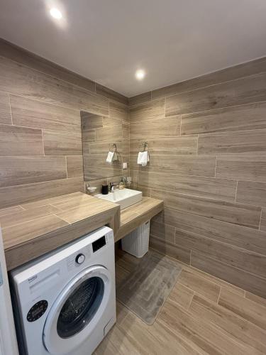 a laundry room with a washing machine and a sink at Villa Casa Solea in Myrthios