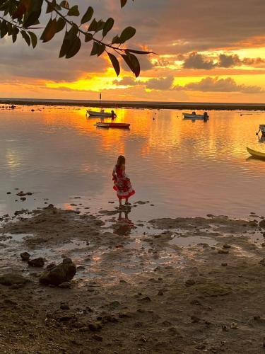 a little girl standing on the beach at sunset at L'Echappée Tropicale -- L'échappée VERTE -- Oasis Bleu Lagon & Vert Forêt, T4 avec grande terrasse, à 5min de la plage in Étang-Salé les Bains