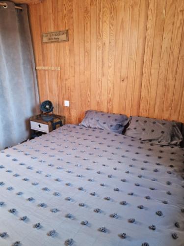 Ce lit se trouve dans une chambre dotée d'un mur en bois. dans l'établissement L'oiseau du paradis, à La Celle-sous-Gouzon