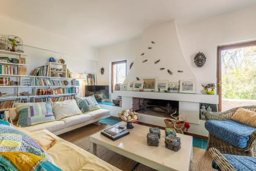a living room with a couch and a fireplace at Stintino villa with view over Asinara Island in Stintino