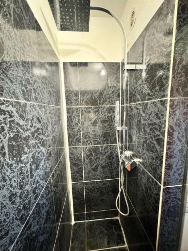 une salle de bain avec une douche avec une porte vitrée dans l'établissement Studio Terrasse à Sainte-Maxime Classé Meublé de Tourisme, à Sainte-Maxime