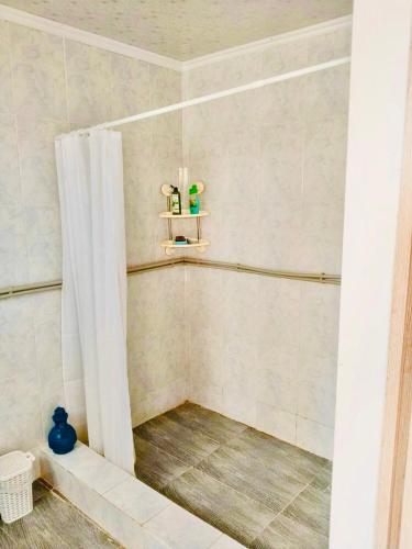 a bathroom with a shower with a shower curtain at Гостевой Дом АЛТЫН ЕМЕЛЬ in Kalīnīno