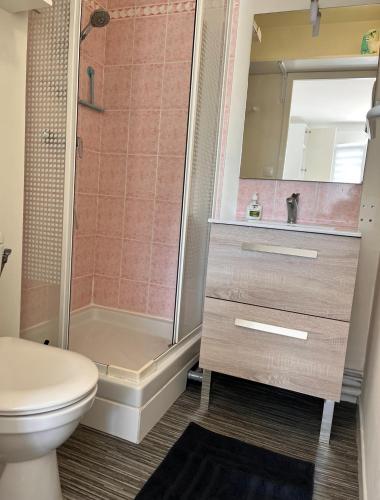 une salle de bain avec une douche, des toilettes et un lavabo dans l'établissement Studio avec grand balcon Marin, à Berck-sur-Mer
