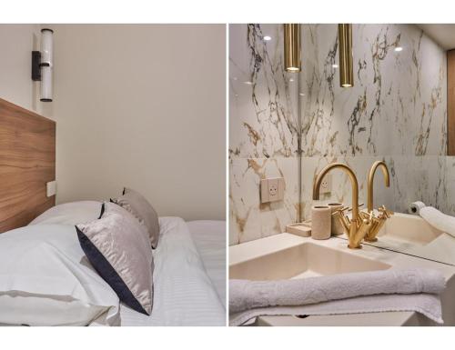two pictures of a bedroom with a bed and a sink at Apart hotel Centre de Paris by Studio prestige in Paris