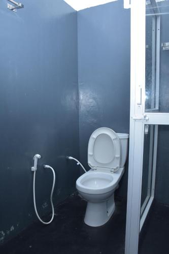 a bathroom with a white toilet in a blue room at Coastal Heaven Villa in Trincomalee