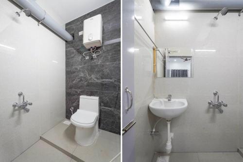two pictures of a bathroom with a toilet and a sink at RN stays near by chennai airport in Chennai