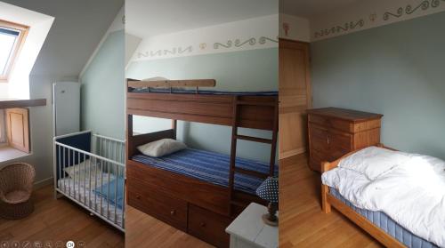 Dos imágenes de un dormitorio con literas. en Les communs du manoir, en Loc-Maria-Plouzané