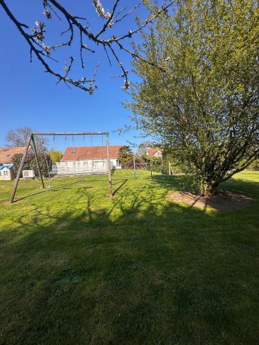 a green field with a tree in the grass at Maison avec piscine chauffée, plages du débarquement in Crouay