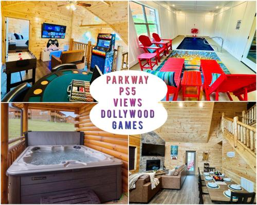 a collage of pictures of a house with a swimming pool at New! Indoor Pool/PS 5/Hot tub/Parkway in Pigeon Forge