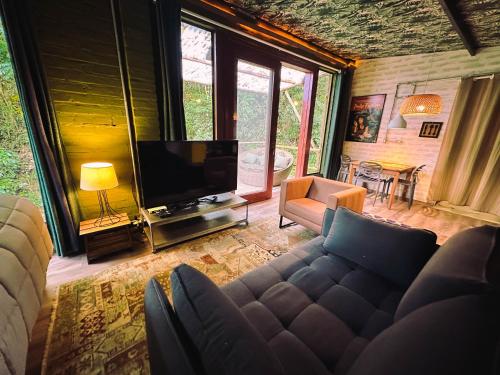 a living room with a couch and a television at Refugio Jabuticaba, CASA DA MATA - Você imerso na mata atlântica in Santo Antônio do Pinhal
