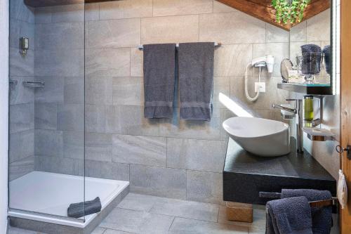 a bathroom with a toilet and a sink and a shower at Hôtel La Maison du Prussien in Neuchâtel