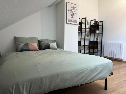 une chambre avec un lit avec une couette verte dans l'établissement appartement centre mulhouse, à Mulhouse
