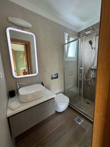a bathroom with a sink and a shower and a toilet at D & A Land luxury house in Alonnisos
