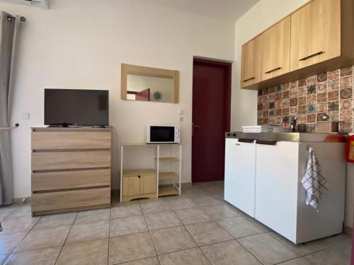 a kitchen with a white refrigerator and a tv at Annalisa Studio & Apartments in Skala Kefalonias