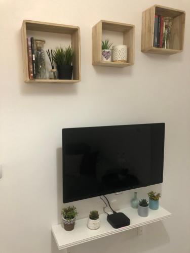 a flat screen tv on a white wall with plants at Studio Stipe- with free parking, self check-in 0-24 in Zagreb