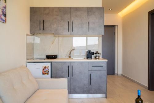 a kitchen with grey cabinets and a couch in a room at Aeli Vista Apartments in Neos Marmaras