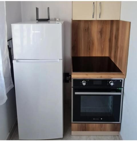 a white refrigerator and a stove in a kitchen at Everest in Golem