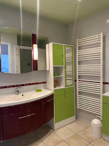 a bathroom with green cabinets and a sink and a shower at L'étape Giennoise in Gien