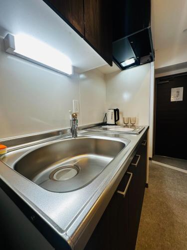 a kitchen with a large stainless steel sink at Leopard Shinsaibashi 心斎橋 505 in Osaka