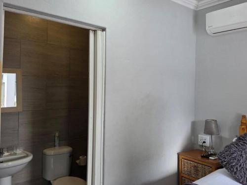 a bathroom with a shower with a toilet and a sink at 5@Partridge Guesthouse in Newcastle