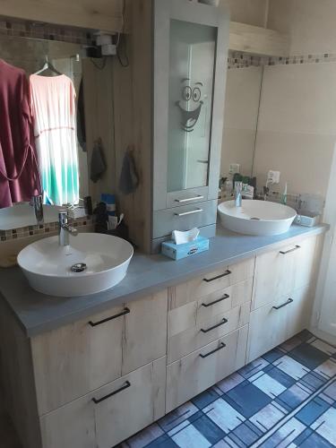 a bathroom with two sinks and a large mirror at Chambres chez l'habitant in Valréas