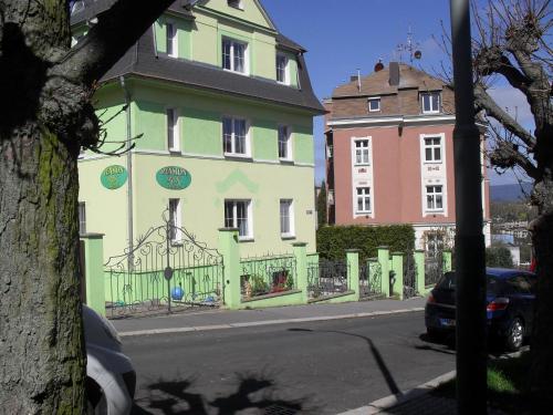 a green and white building on the side of a street at Pension Rak in Karlovy Vary