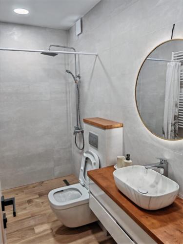 a bathroom with a sink and a toilet and a mirror at Tbilisi LUXURY APARTMENT in Tbilisi City