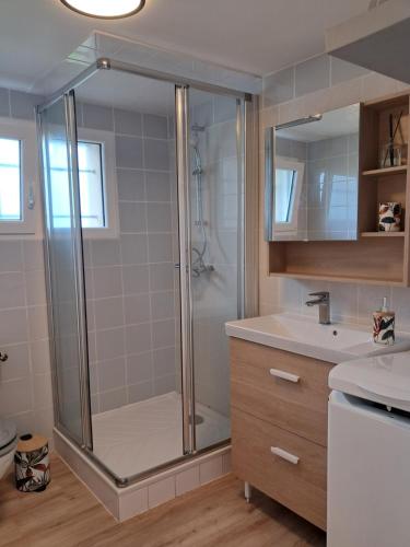 une salle de bain avec douche et lavabo dans l'établissement Chez Ophélie et Gaël, à Saint-Malo