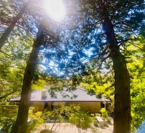 a house with the sun shining through the trees at Hakonesaryo Kintoki in Hakone