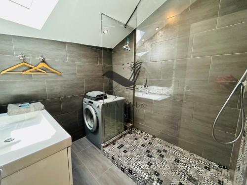 a bathroom with a shower and a washing machine at L'Authentique - Situé en face des thermes et tout proche du coeur de ville in Rochefort