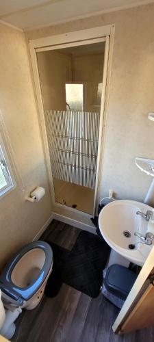 a small bathroom with a toilet and a sink at 4 Berth Static Caravan Golden Palm Resort with Decking in Chapel Saint Leonards