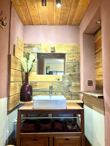une salle de bain avec un lavabo et un miroir dans l'établissement Domaine de La Blache, à Saint-Jurs