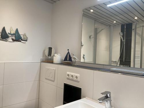 a bathroom with a sink and a mirror at Berolina 316 - Möwennest in Dahme