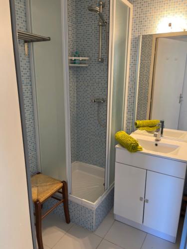 une salle de bain avec un lavabo et une douche dans l'établissement soleil mer et détente, à Sète