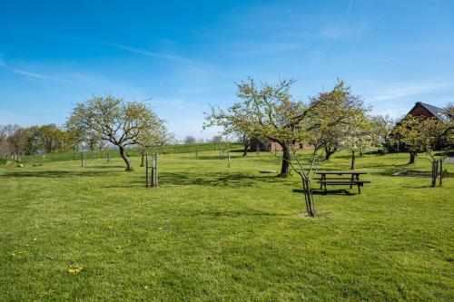 a park with a picnic table and trees in a field at Küstenkind in Westerholz