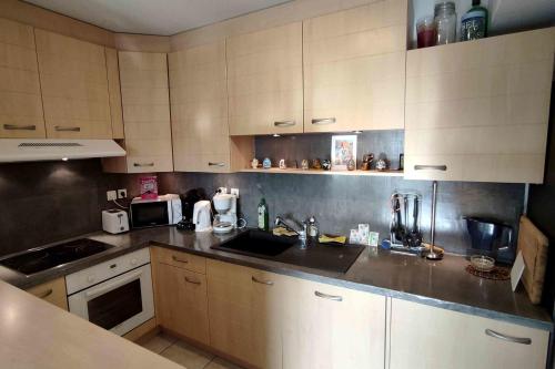 une cuisine avec un évier et un plan de travail dans l'établissement Spacious apartment for 6 with balcony, à Saint-Raphaël