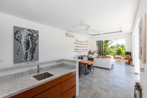 een keuken met een olifantenfoto op de muur bij Gajah Villas Bali by Nagisa Bali in Seminyak