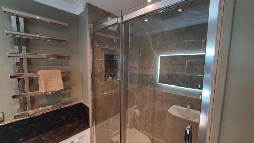 a bathroom with a glass shower with a sink at Dunperrogh in St. Andrews