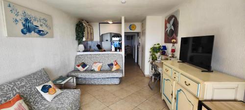 un salon avec un canapé et une télévision à écran plat dans l'établissement 1 bedroom apartment - sea view, à Fréjus