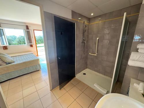 a bathroom with a shower and a toilet and a bed at Hotel Terriciaë aux portes de Maussane les Alpilles in Maussane-les-Alpilles