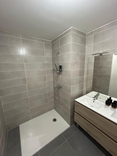 une salle de bain avec douche et lavabo dans l'établissement T3 near beach 15 min from Monaco, à Roquebrune-Cap-Martin