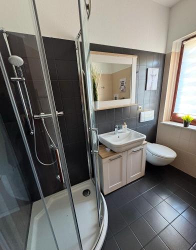 a bathroom with a shower and a sink and a toilet at Happy Place am Plauer See in Zislow