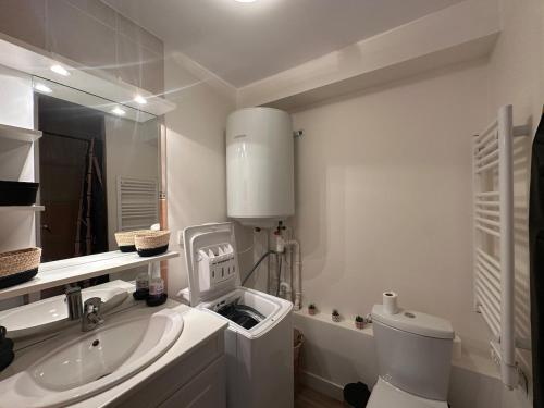 une salle de bain blanche avec un lavabo et des toilettes dans l'établissement Le Petit Pillon - studio avec parking, à Vannes
