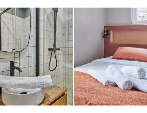 La salle de bains est pourvue d'une douche, d'un lavabo et de serviettes. dans l'établissement Cosi apartment Bastille - Le Marais, à Paris