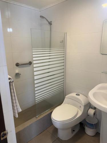 a bathroom with a shower and a toilet and a sink at Hotel Cano in Iquique