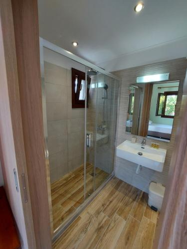 a bathroom with a shower and a sink and a toilet at Mavra Studios in Lygia