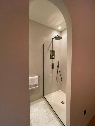 une salle de bain avec une douche avec une porte vitrée dans l'établissement Marais - Fancy one-bedroom decorated with taste, à Paris