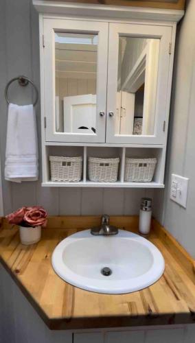 a bathroom sink with a medicine cabinet and a white sink at Cheerful Cottage Close to Everything 13 in Edgecomb